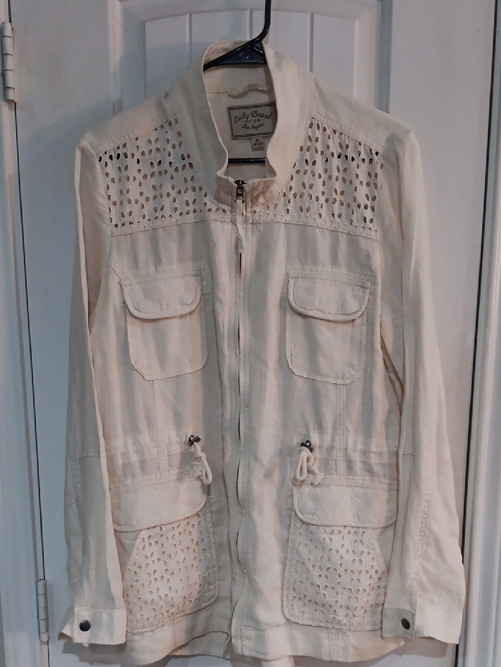 Lucky Brand Linen Cotton Blend Eyelet Utility Jacket Ivory M